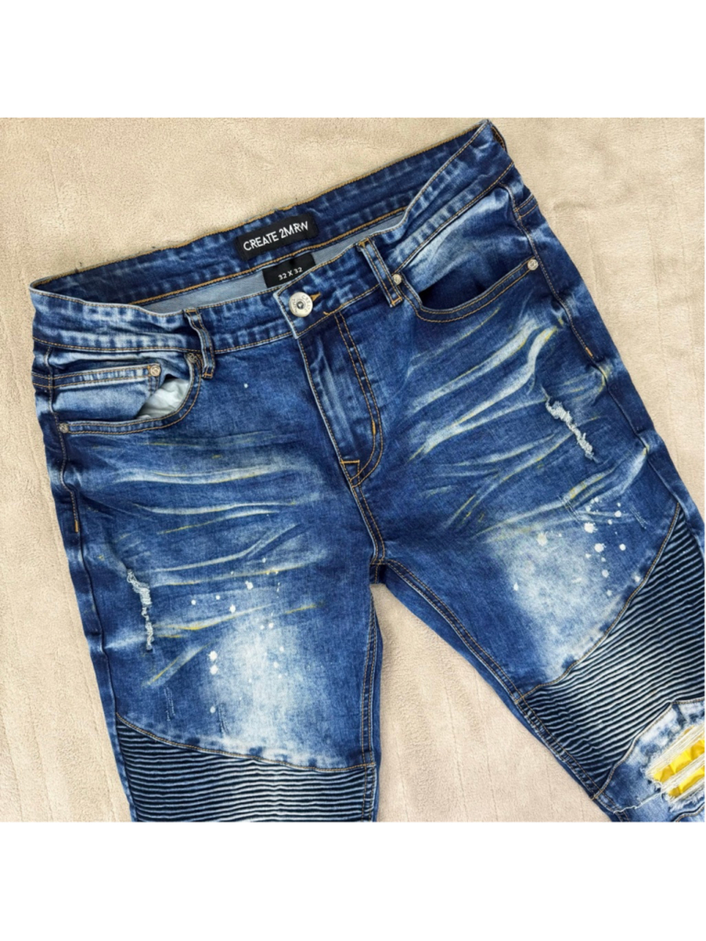 Men's Create 2MRW Blue Distressed Skinny Jeans Waist 32 with Yellow Accents